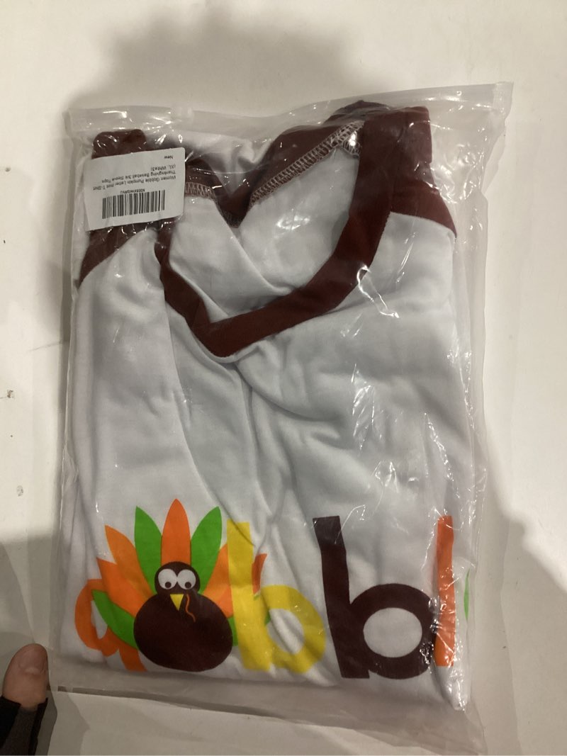 Condition photo showing New/Like New for Women Give Thanks Pumpkin Letter Print T-Shirt Thanksgiving Baseball 3/4 Sleeve Top X-Large White2