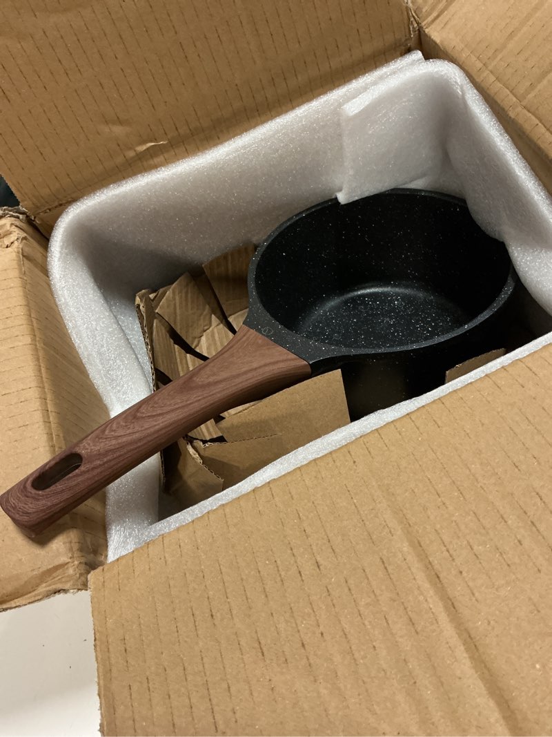 Condition photo showing As Is for (incomplete)eslite life nonstick sauce pan with lid, 1.5 qt small soup pot compatible with all stovetops (gas, electric & induction), pfoa free, black 1.5 quarts black