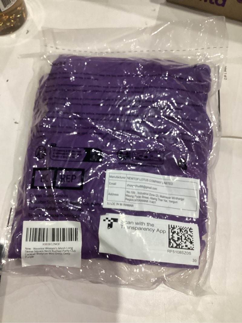 Condition photo showing New/Like New for Wenrine Women's Mesh Long Sleeve Square Neck Ruched Party Club Cocktail Bodycon Mini Dress Deep Purple Small