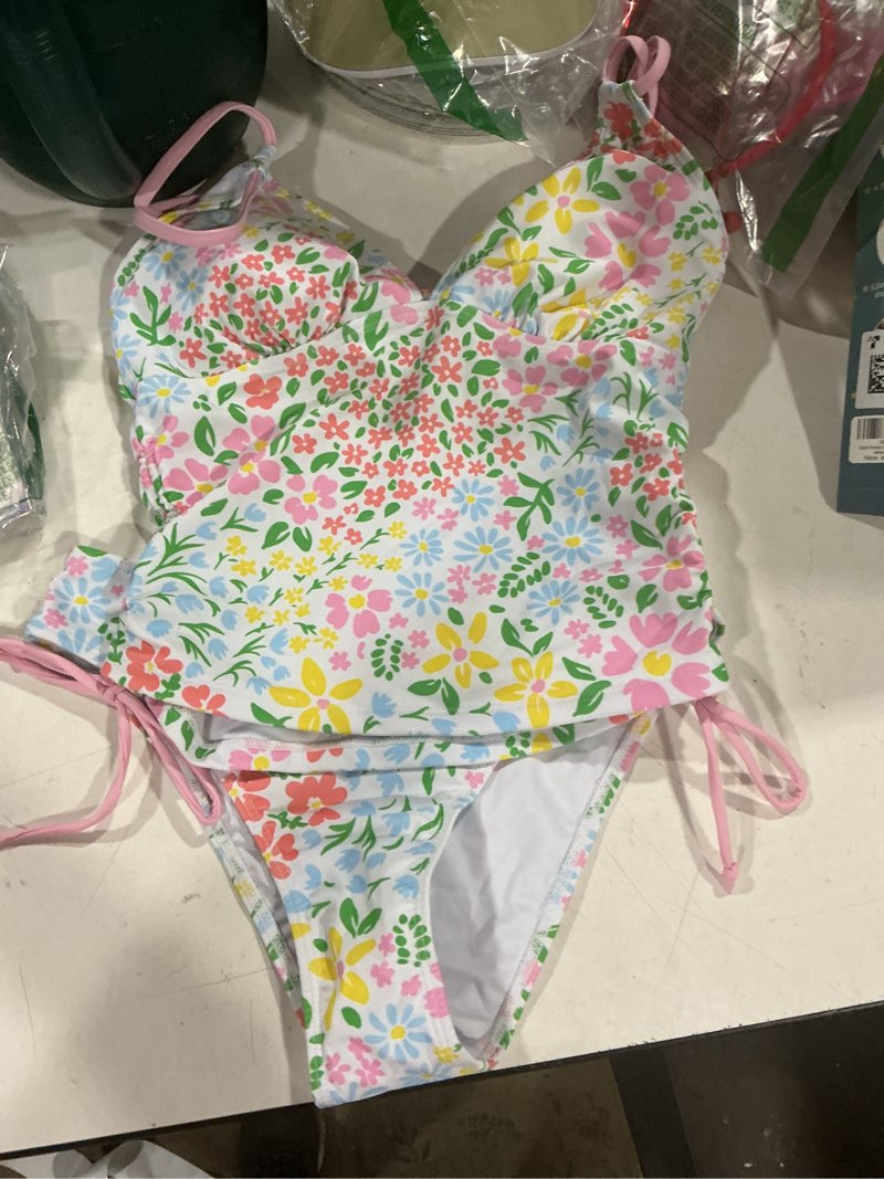 Condition photo showing Good Condition for zaful two piece tankini y2k cheeky tummy control swimsuit v-neck spaghetti strap slimming bathing suit 2026 pink floral small