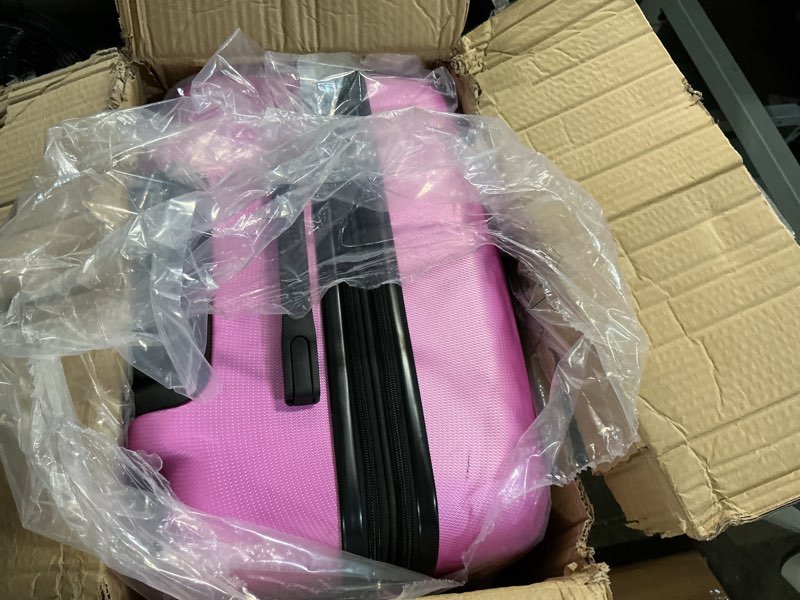 Condition photo showing As Is for rockland melbourne hardside 3 piece expandable spinner wheel luggage set, (20"/24"/28"), pink pink 3 piece (20"/24"/28")