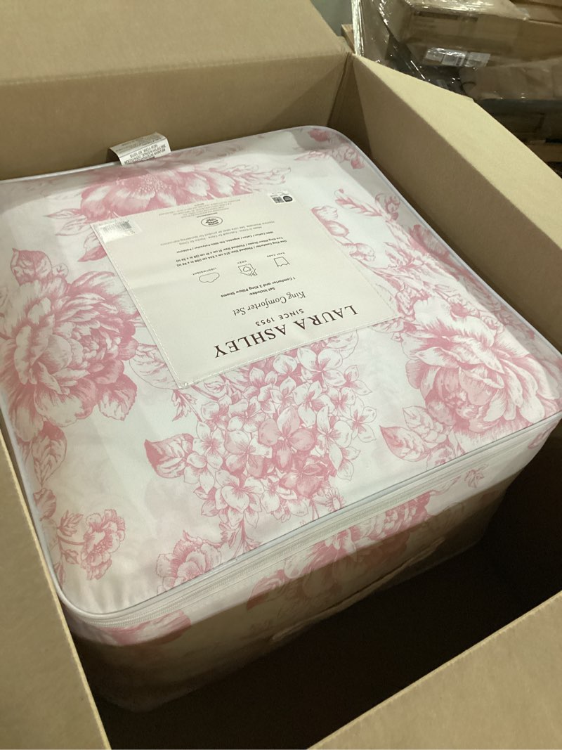 Condition photo showing Good Condition for laura ashley - king comforter set, soft & reversible cotton bedding with a smooth feel, medium weight for year round comfort, 3 piece bed set with matching pillowcases (delphine mauve pink) king delphine mauve pink