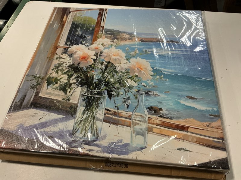 Condition photo showing New/Like New for okexckk blue ocean beach canvas wall art with white flower windowsill picture bathroom wall decor se