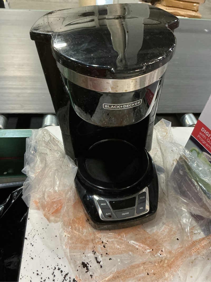Condition photo showing As Is for Used) (Incomplete)BLACK+DECKER 12-Cup Digital Coffee Maker, Programmable, Washable Basket Filter, Sneak-A-Cup, Auto Brew, Water Window, Keep Hot Plate, Black Black coffeemaker