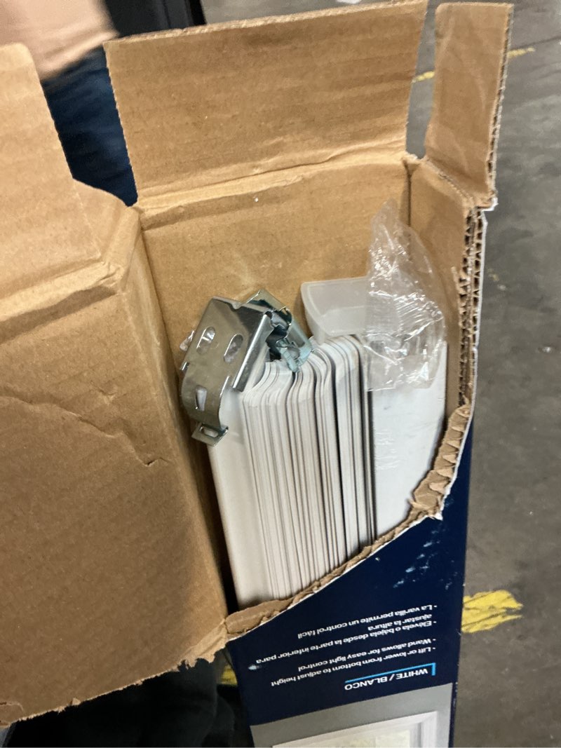 Condition photo showing As Is for project source light filtering 1-in slat width 39-in x 64-in cordless white vinyl light filtering mini-blinds