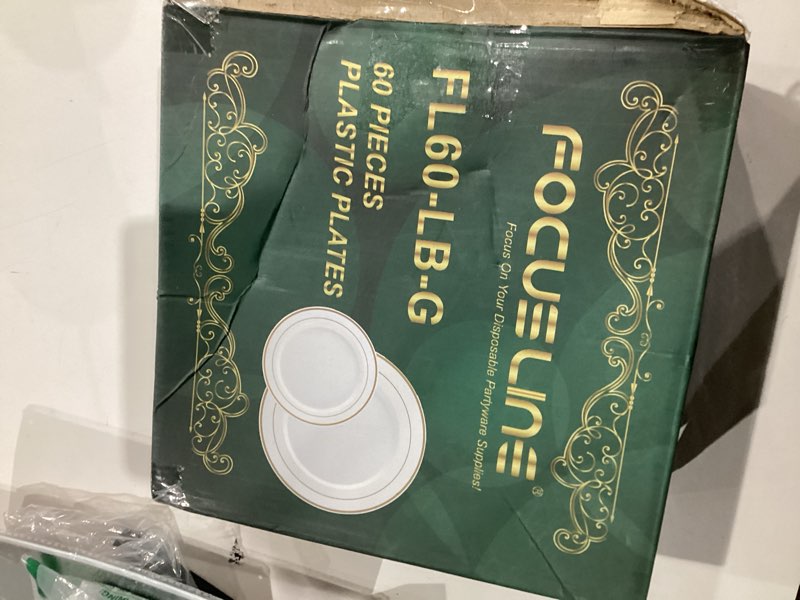 Condition photo showing New/Like New for focusline gold plastic plates set of 60, disposable plates with gold rim 30 dinner plates 10" and 30 salad dessert appetizer plate 7", elegant fancy heavy duty wedding party plates gold plates