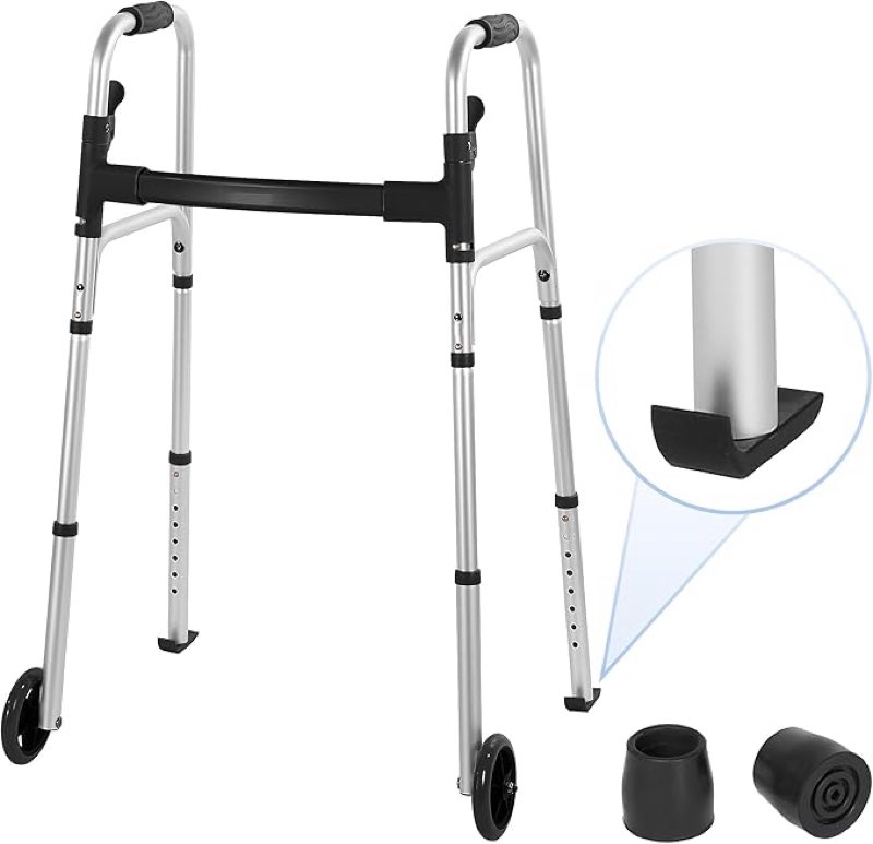 careboda folding walker for seniors, lightweight walker with 5“ front wheels & glide skis, height adjustable for men & women, 30-37 inches, easy to move and stable, supports up to 300 lbs, silver