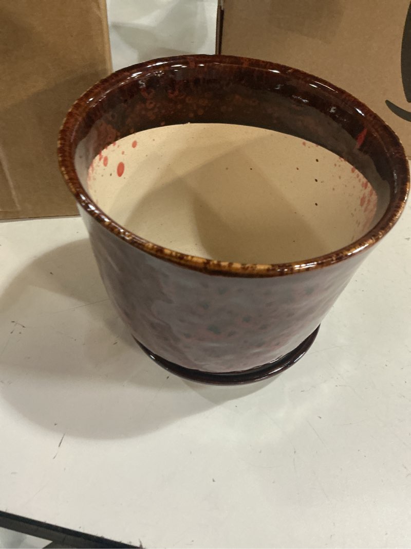 Condition photo showing New/Like New for ceramic plant pots - 5.6 inch plant pot indoor outdoor, small planter with drainage hole and saucer, round planter, orchid succulent pots, garden room decor, gardening gifts for women, red 6 inch leopard glaze red