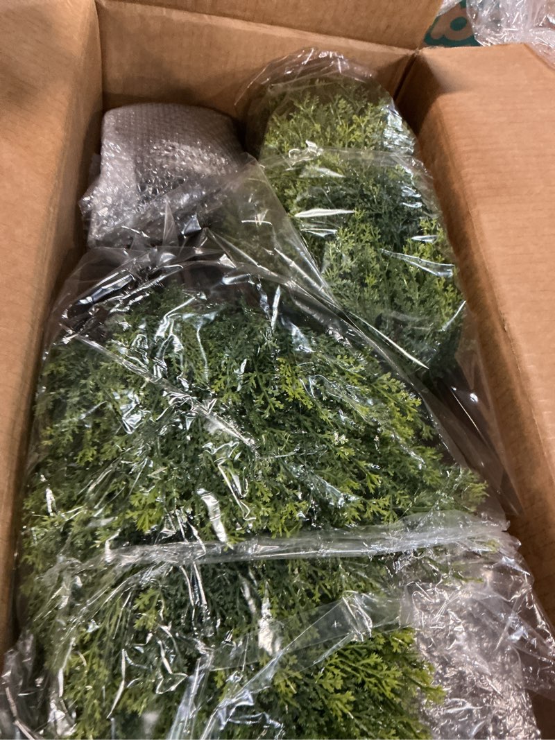 Condition photo showing New/Like New for 2ft Artificial Cedar Topiary Ball Trees Outdoor, 24" UV Resistant Faux Potted Plants Outside, Realistic Fake Greenery Evergreen Pine Cypress Bushes Shrubs for Front Porch Planter Indoor Decor Set of 2 Cedar 2 FT