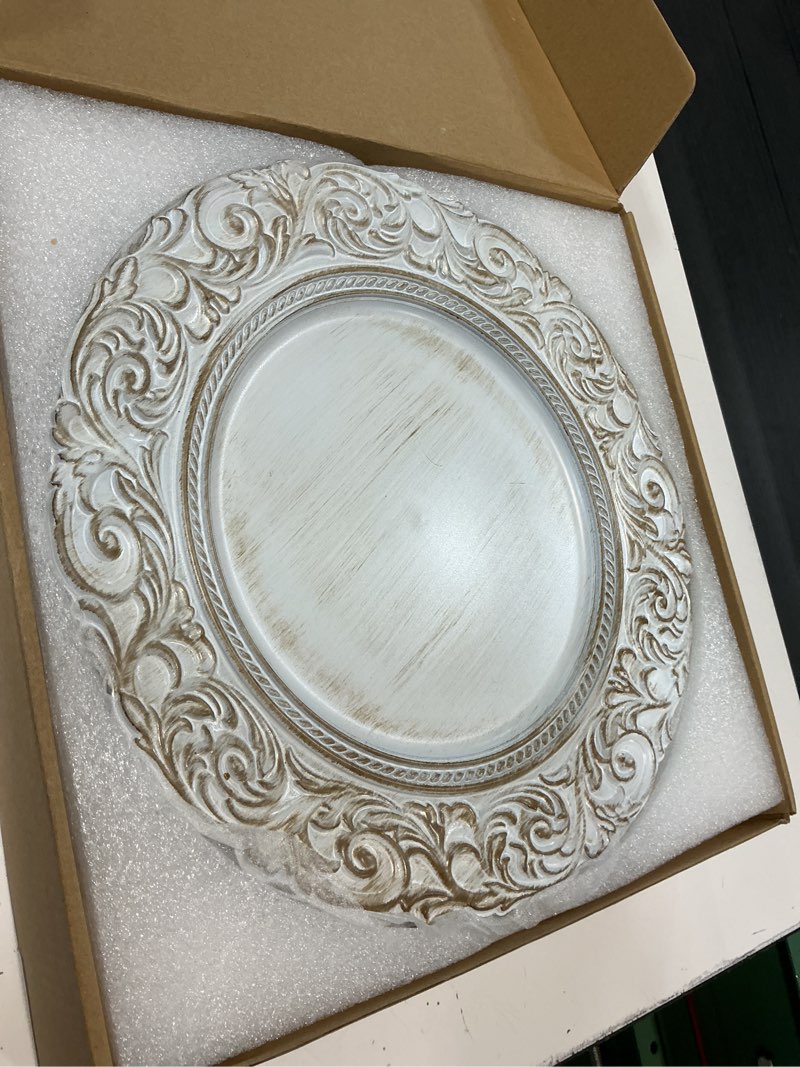 Condition photo showing New/Like New for antique charger plates, 13 inch white dinner plate chargers round server ware. set of 6 plastic embossed charger for dinner, party, wedding, elegant tableware decoration. (white)