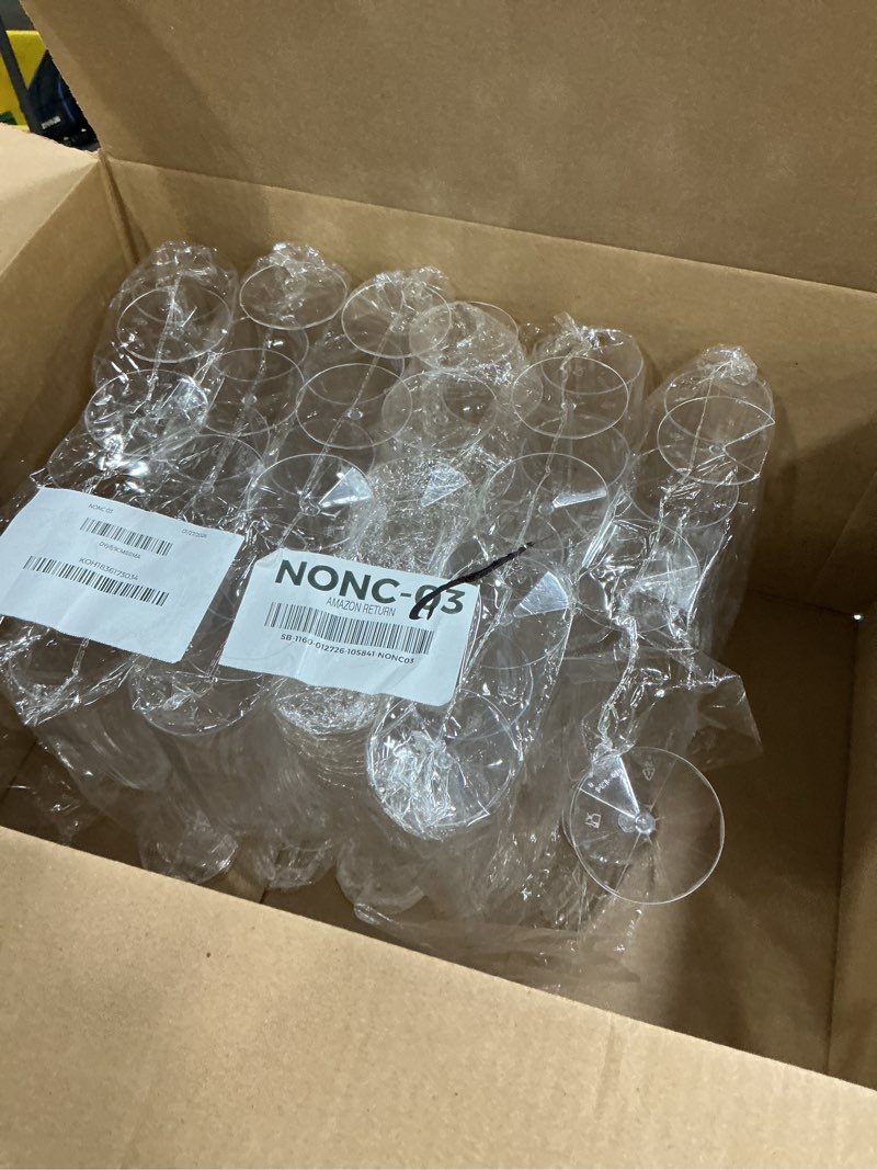 Condition photo showing As Is for GuanQiao 48 Pack Clear Champagne Flutes, 6oz Disposable Wine Glasses with Long Stem, Reusable Plastic Cocktail Glasses for New Years Eve Party Birthday Wedding Celebration Toasting Drinking 48-Pack