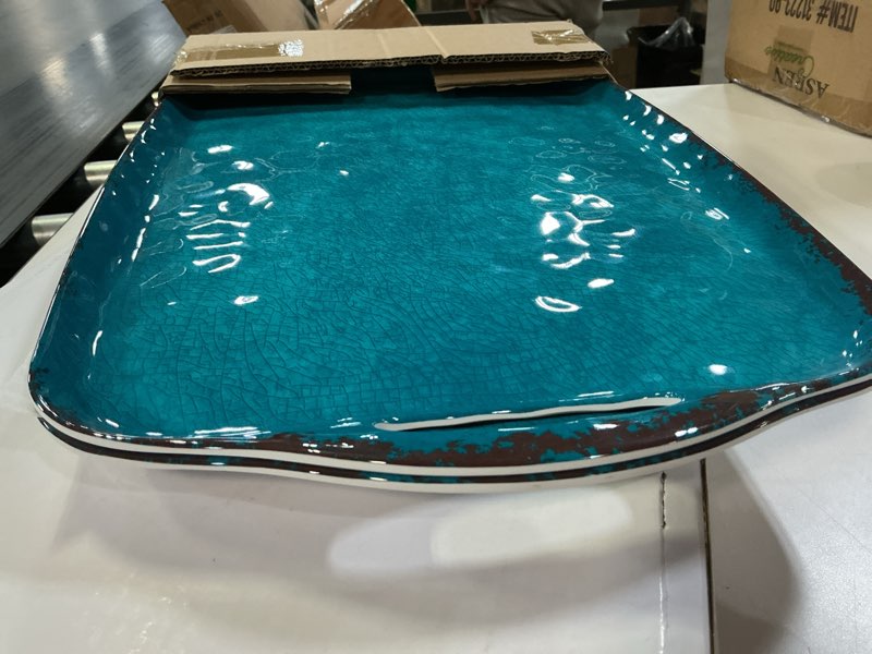 Condition photo showing New/Like New for TP Large Serving Trays with Handles, 19" x 12" Melamine Serving Platters for Food, Turkey, Set of 2 Rectangular Trays for Party, Retro Teal 19" x 12" Retro Teal