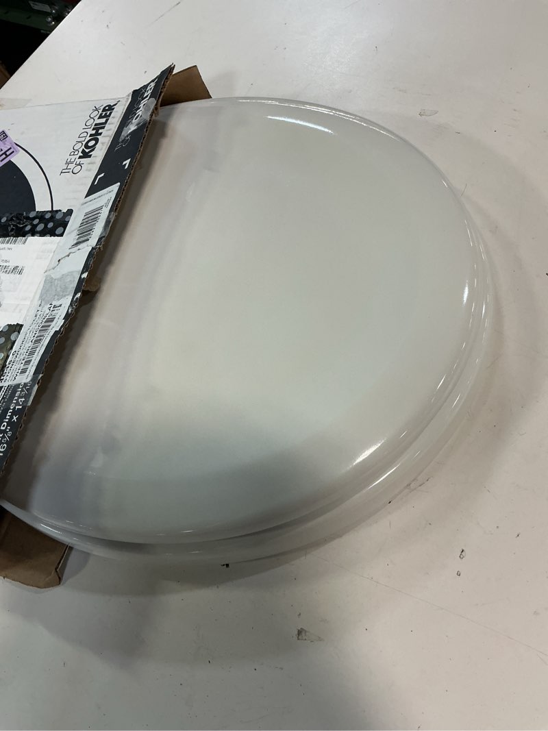 Condition photo showing Good Condition for kohler 4648-0 stonewood round toilet seat, round wood seat for standard toilets, comes with color-matched plastic hinges, home essentials, white white round