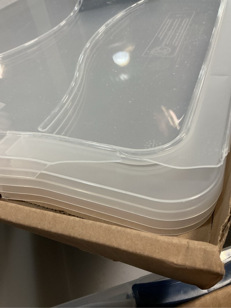 Condition photo showing As Is for rubbermaid 71 quart storage tote  clever store  plastic  stackable  latching  lid included  clear (4 pack)