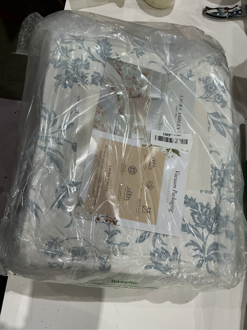 Condition photo showing As Is for laura ashley- king quilt set, cotton reversible bedding set with bonus pillow cover, all season cottage home décor (amberley soft blue, king) amberley soft blue king