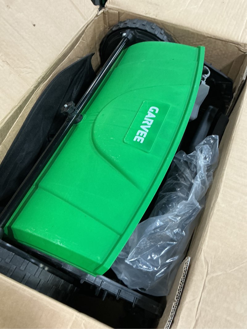Condition photo showing New/Like New for garveelife manual push lawn sweeper 21-inch, yard leaf & debris collector with 3.5 cu. ft. collection bag, adjustable brush height for lawns & driveways, foldable storage design orange ( color may vary ours is green)