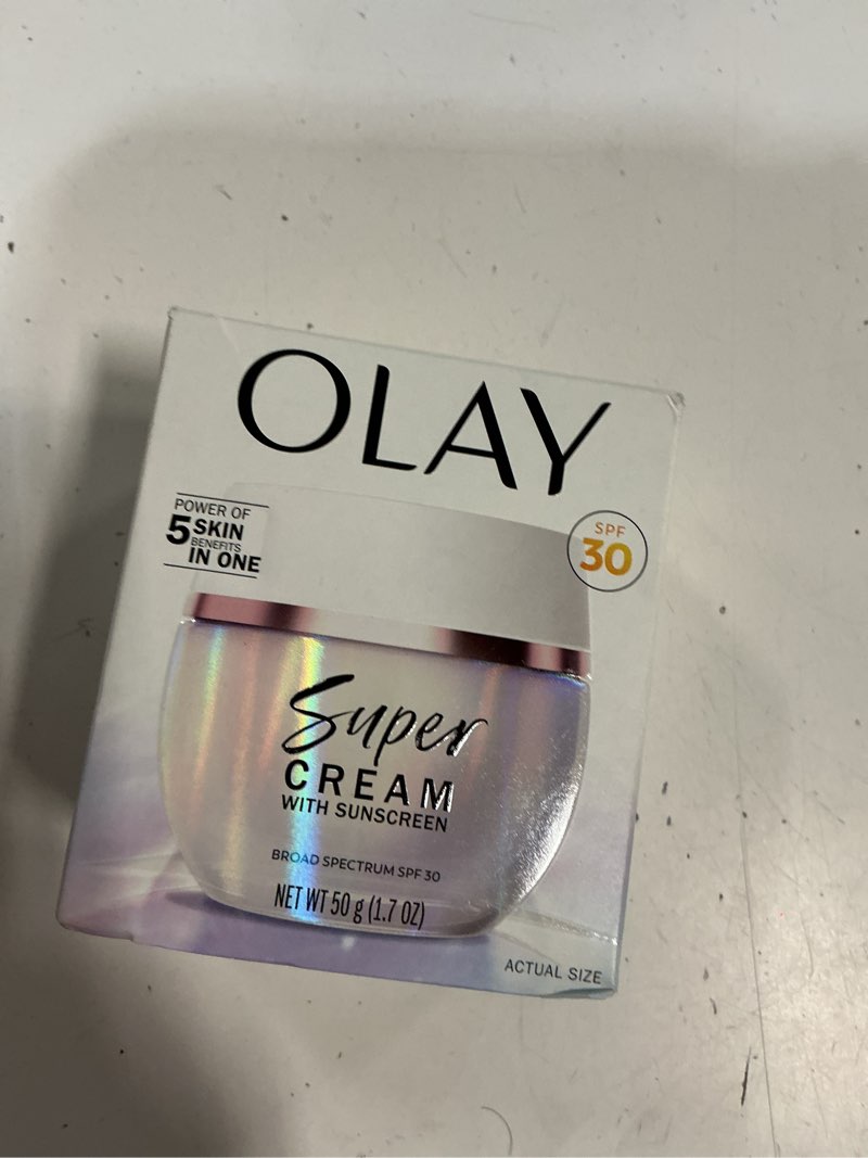 Condition photo showing Good Condition for Olay Super Cream with Sunscreen SPF 30, 1.7 oz, Ultra Lightweight Face Moisturizer - Vitamin C & E, Hyaluronic Acid, Niacinamide, Collagen Peptide - Hydrate, Smooth, Brighten, Firm, and Protect