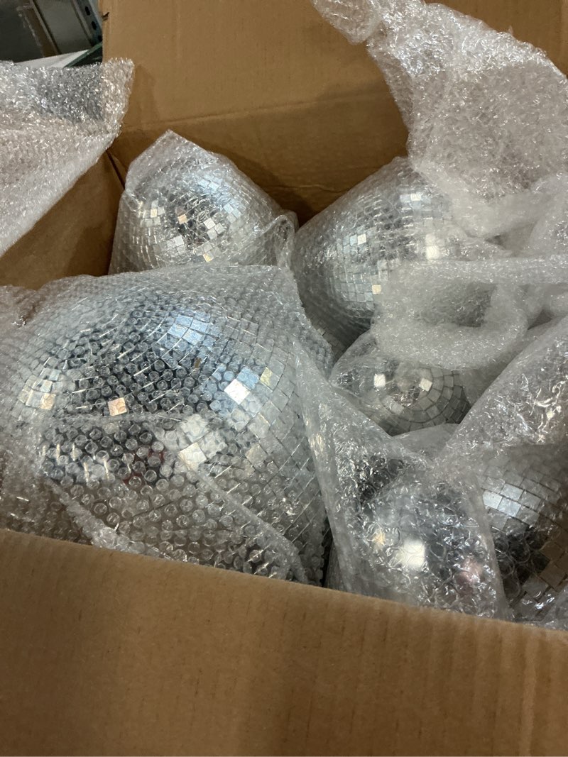 Condition photo showing Good Condition for libima 12 pack large christmas disco ball decoration different sizes silver mirror hang disco ball ornaments for christmas tree birthday wedding holiday party favors prom props(12'', 8'', 6'', 4'')
