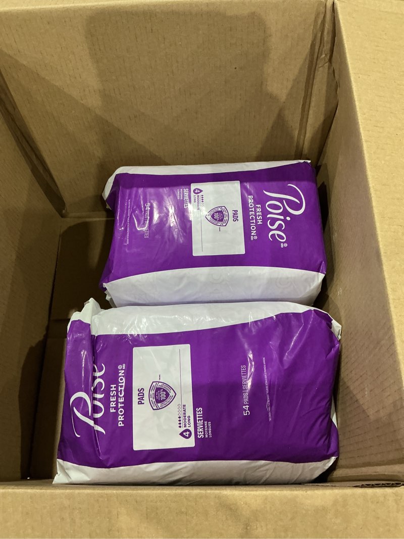 Condition photo showing New/Like New for poise incontinence & postpartum pads for bladder leaks, 4 drop moderate absorbency, long length, 108 count, packaging may vary long 108