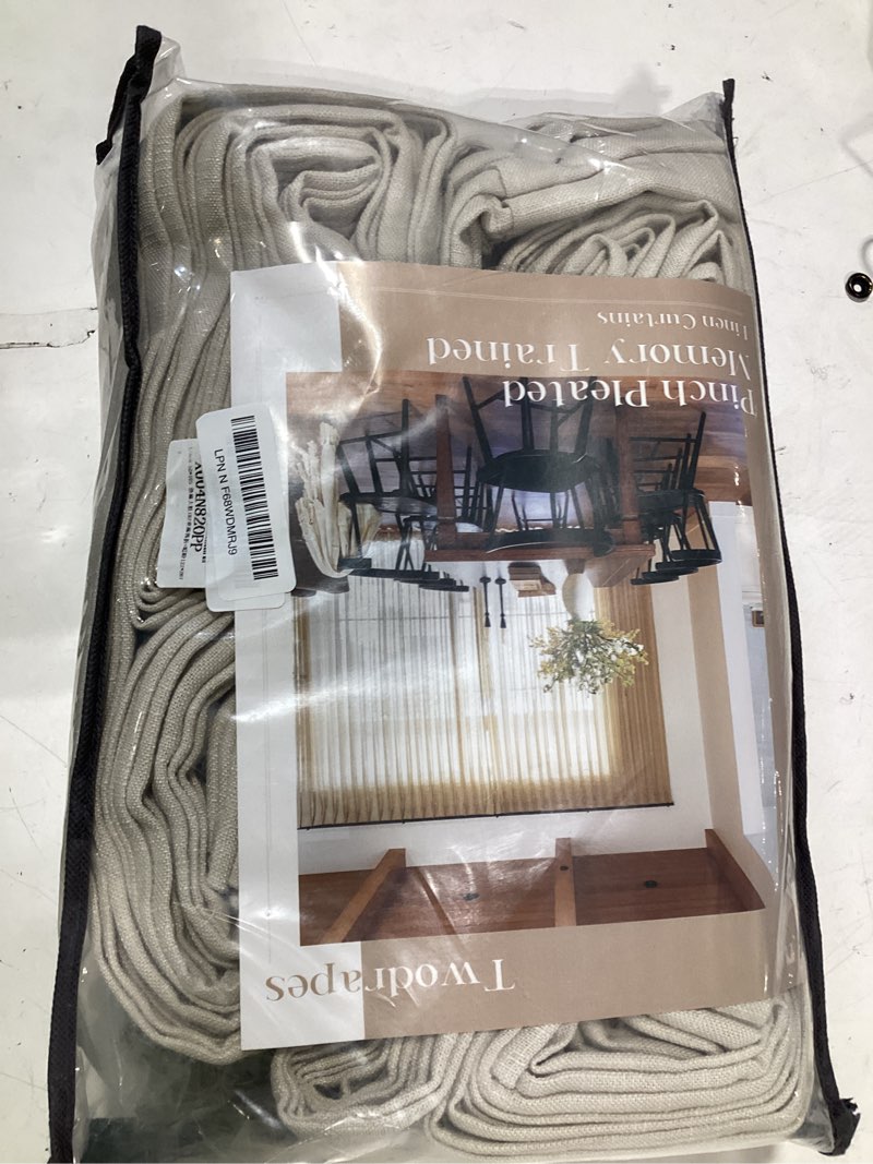 Condition photo showing As Is for tan beige memory trained curtains 105 inches long for living room 2 panels set rustic farmhouse thick linen textured rings hooks back tab pinch pleated 100 inch curtain drapes for dining bedroom linen 50"w x 105"l (pack of 2)
