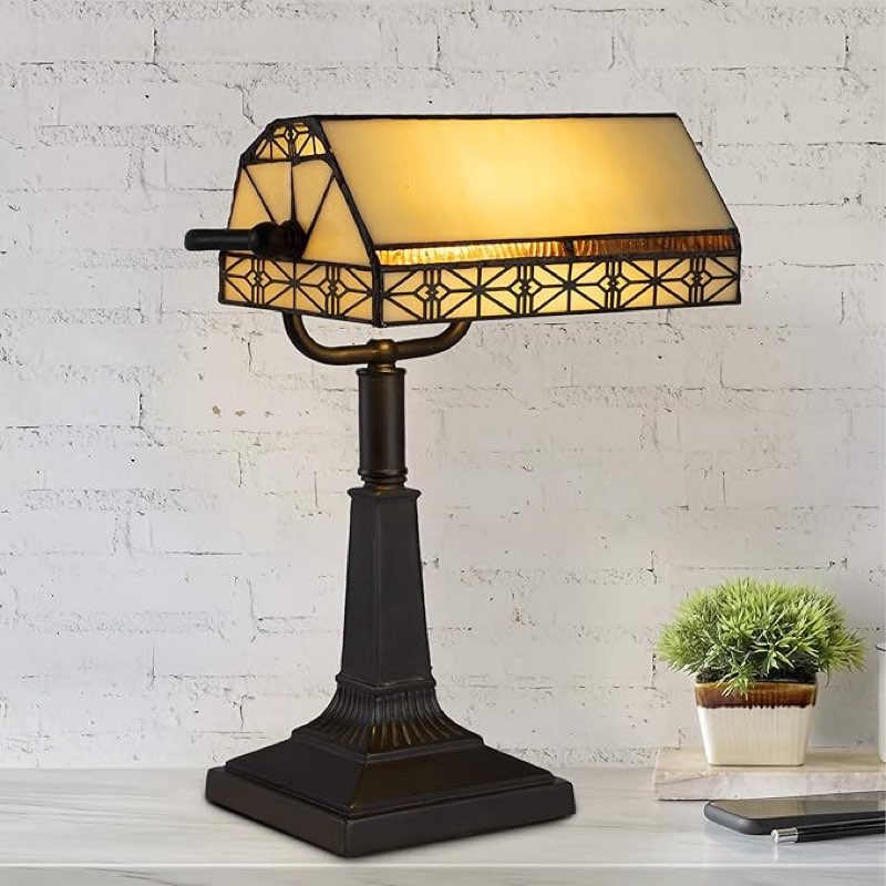 Bankers Lamp – Tiffany Style Table or Desk Light Stained Glass Shade LED Bulb Included – Vintage Look Mission Style Accent Decor by Lavish Home