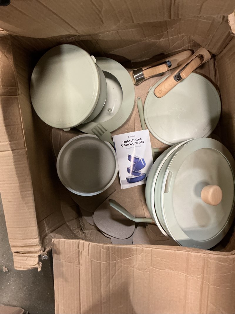 Condition photo showing As Is for carote 25pcs pots and pans set non stick, cookware sets, kitchen set, oven/dishwasher/fridge safe, space saving pots set, nonstick set with versatile detachable handle, induction rv set, green sage green 25 piece