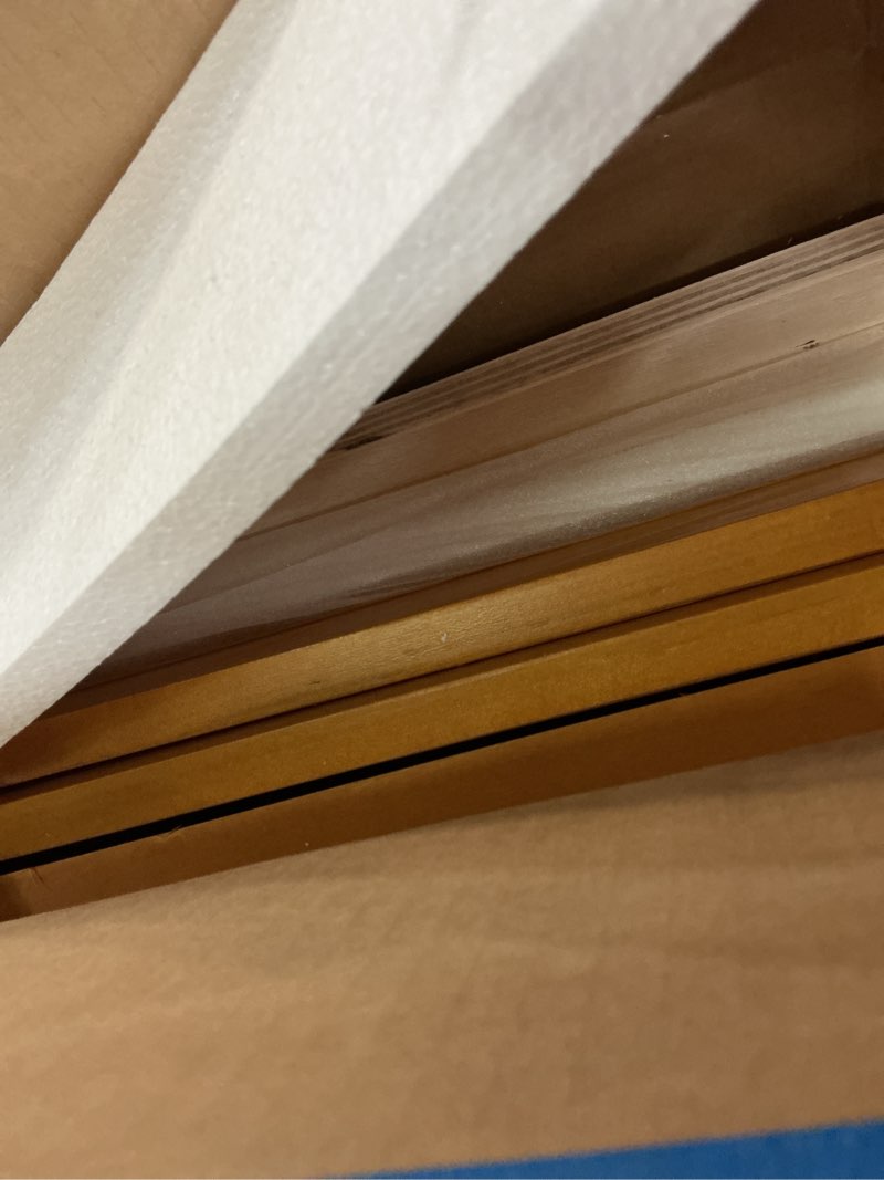 Condition photo showing As Is for dumos solid wood bed frame, queen size bed base with wooden slat support, sturdy, stylish & noise-free design, no box spring needed, easy assembly, 12 in natural pine pine 12in queen