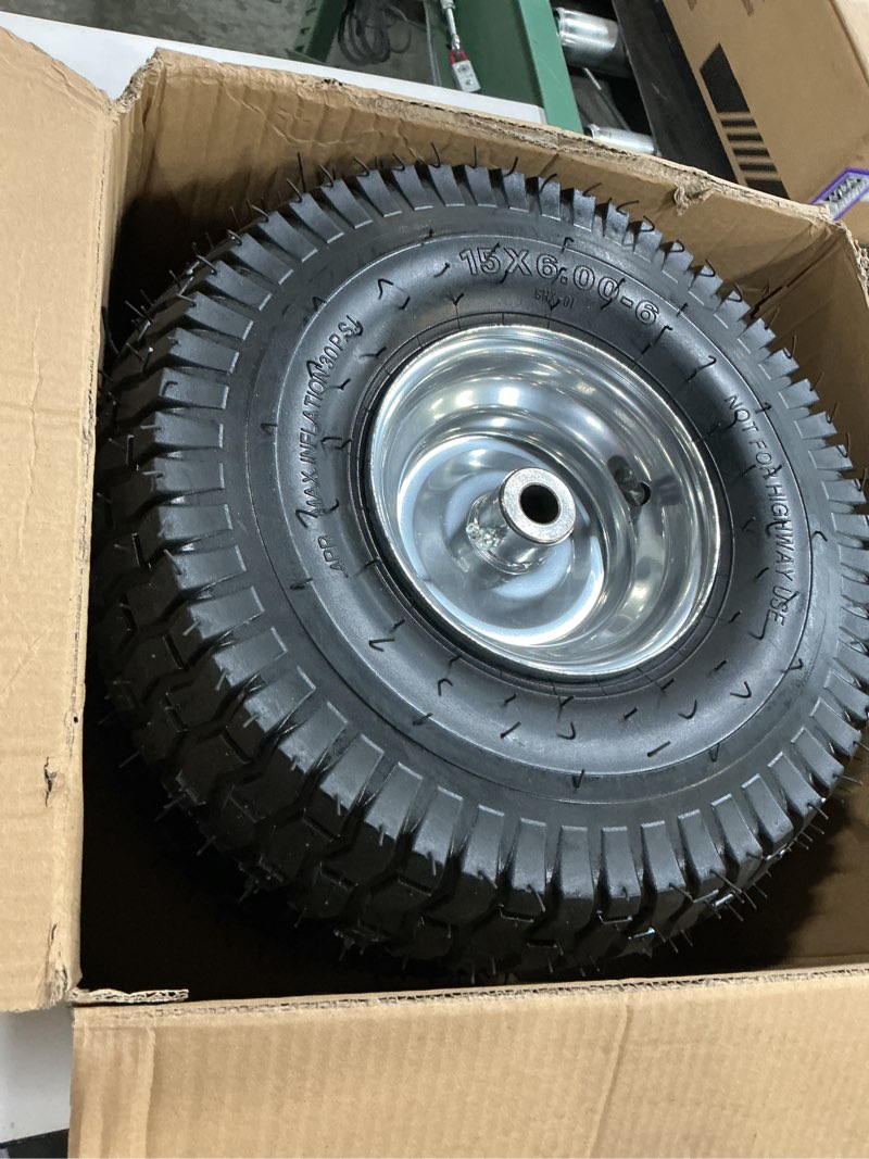 Condition photo showing New/Like New for (2 pack) rrq 15x6.00-6nhs lawn mower tires and wheel assembly, replacement riding lawn mower front tires, compatible with john deere craftsman husqvarna lawn mowers, 3/4" bushings, 3" centered hub