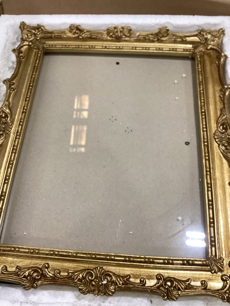 Condition photo showing As Is for 8x10 vintage photo frames, gold hand-crafted resin photo frame with easel & hook, home ornament for tabletop or wall mount gold 8x10inch