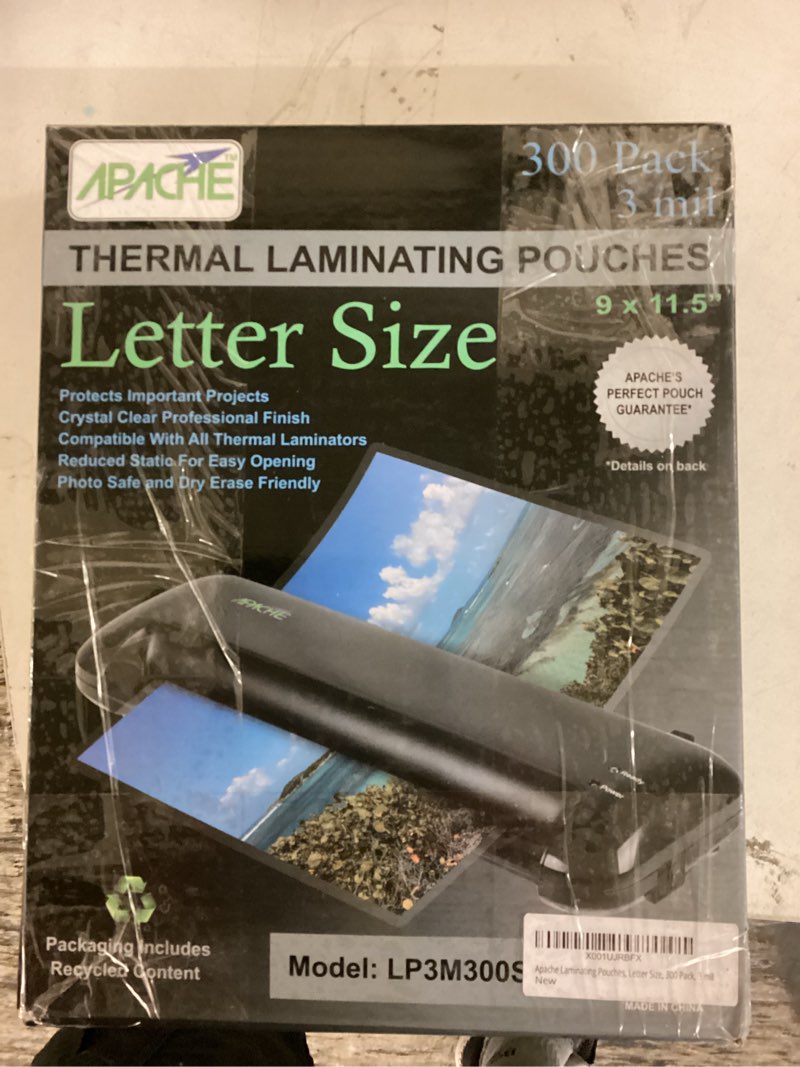Condition photo showing Good Condition for 300 pack apache laminating pouches 3 mil, for 8.5 x 11 inch letter size paper, 9 x 11.5 inch sheets, office and school supplies, thermal laminator, super clear sheets, 300-pack, 3mil, letter sized 3 mil 300-pack