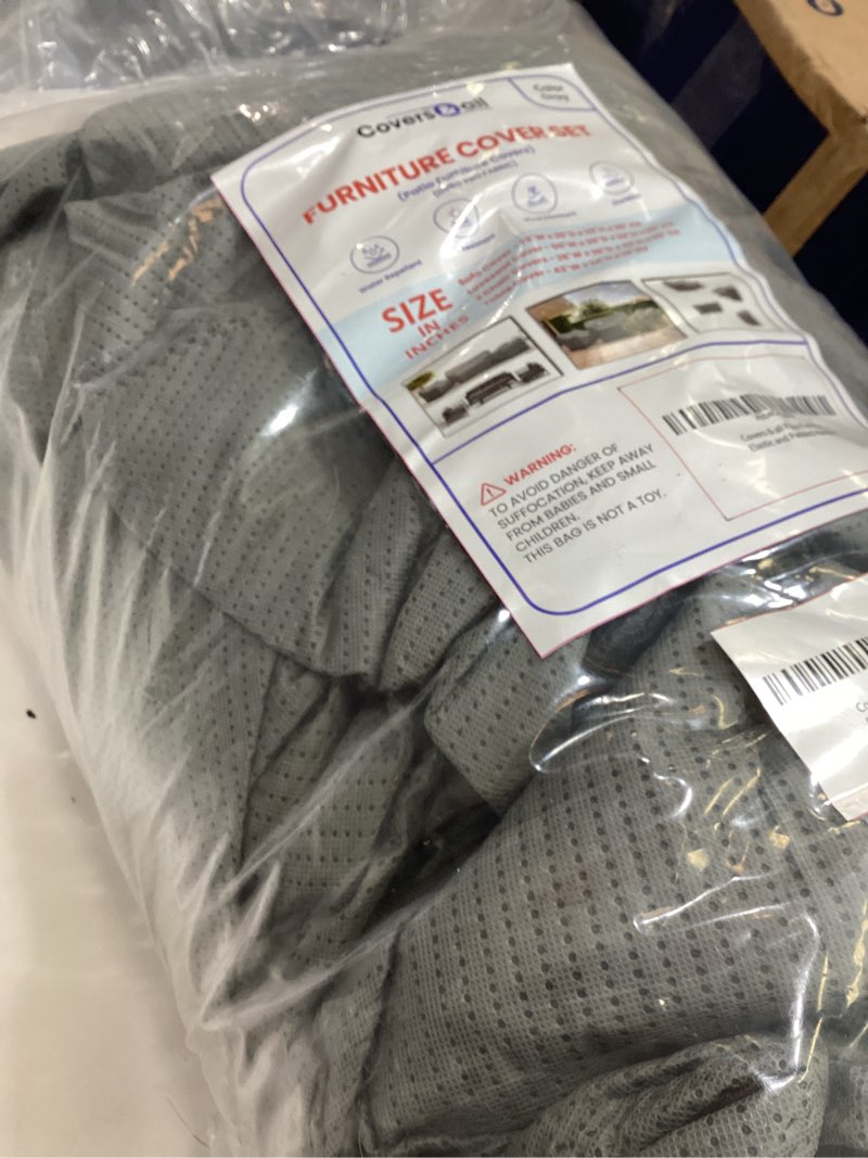 Condition photo showing Good Condition for covers & all patio furniture cover set, 5 piece outdoor furniture covers, water-repellent, uv & weather resistant covers for sofa, loveseat, chairs & coffee table with elastic and padded handles 73" w x 26" d x 32" h x 25" fh grey