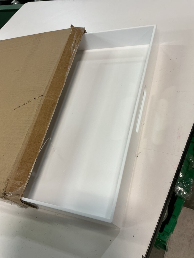 Condition photo showing Good Condition for 18×16 inch glossy white acrylic serving tray with handles extra large ottoman tray decorative tray spill-proof coffee table space saver oversize counter top organizer platter with safe edge