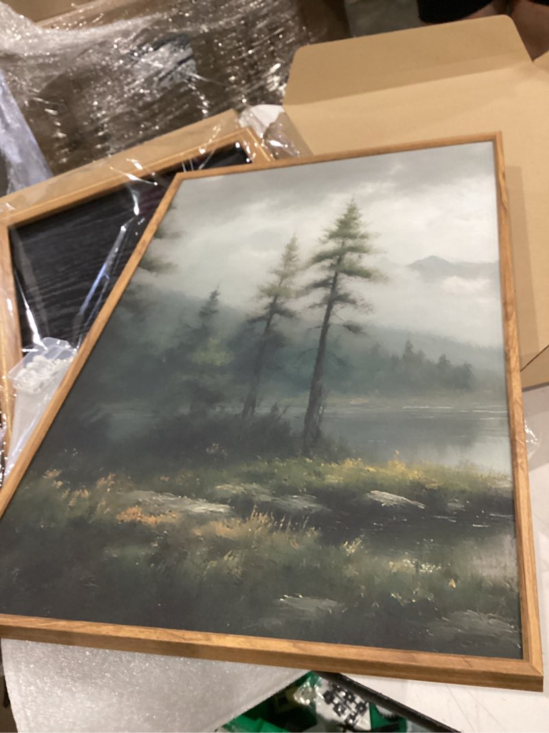 Condition photo showing Good Condition for signinart large green forest framed canvas wall art set, misty mountain lake wall decor, modern foggy wood landscape artwork, nature oil painting art print for living room, bedroom, office 16"x24"x3 green 24"l x 16"w