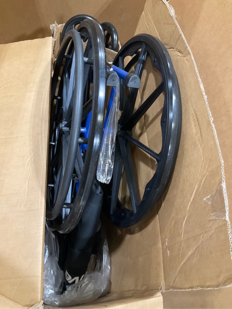 Condition photo showing Good Condition for drive medical blue streak lightweight foldable wheelchair - enhanced mobility support - durable construction - padded comfort - swing-away leg rests - desk arms - blue/black - 16 inch seat