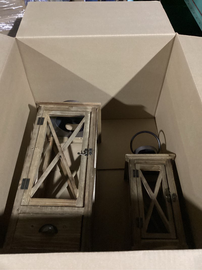 Condition photo showing Good Condition for Large Farmhouse Decorative Wooden Lantern Set of 2, Rustic Brown Floor Lanterns, Indoor/Outdoor Hurricane Lanterns for Home Decor (No Glass) Brown With Black Top