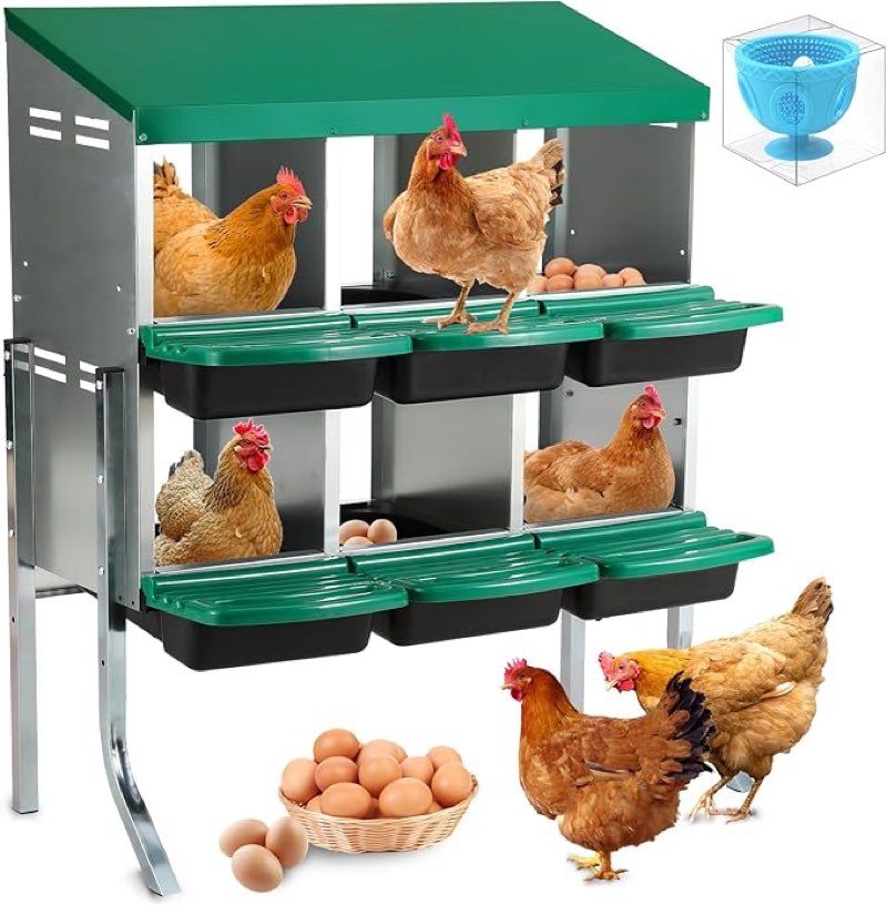 YeeJinHong Two-Tier Chicken Nesting Box,6 Hole Metal Chicken Egg Laying Box with Swing Perch and Rol