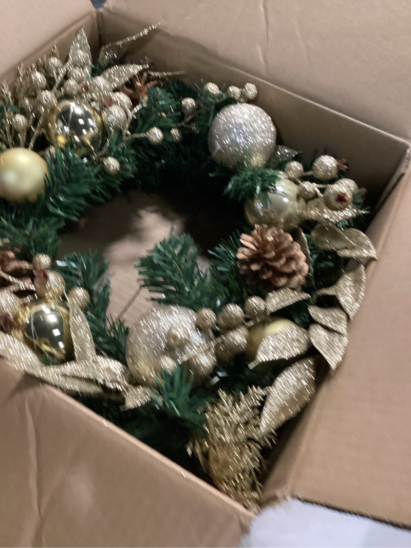 Condition photo showing Good Condition for 24 inch Pre-lit Christmas Wreath White and Blue,Winter Pine Wreaths with Blue Ball LED Lights for Front Door for Fireplace Xmas Hanukkah Decorations, Wall Window Indoor Outdoor Decor Blue-24in