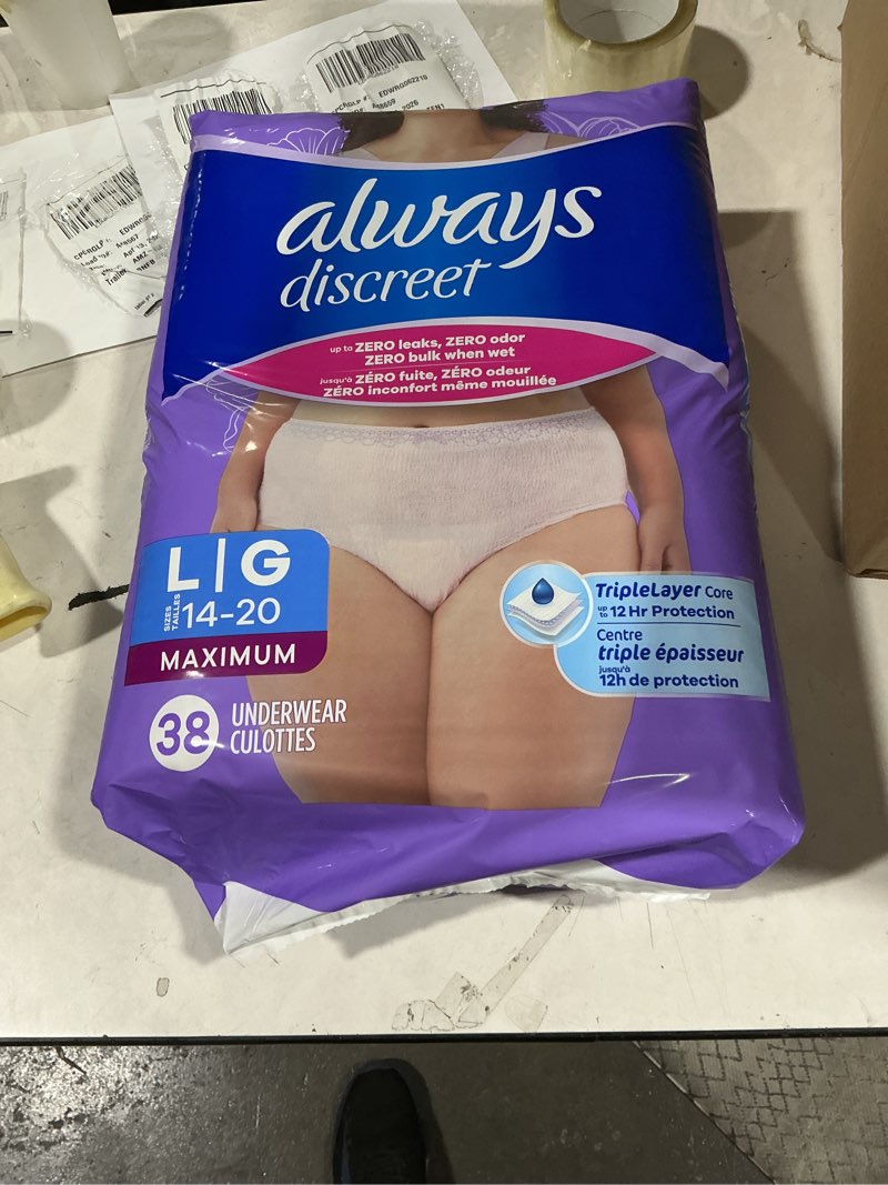 Always Discreet Adult Diapers for Women, Incontinence Underwear, Postpartum Essentials, Disposable Briefs, Max Absorbency, Bladder Leak Protection, Large,(38ct)