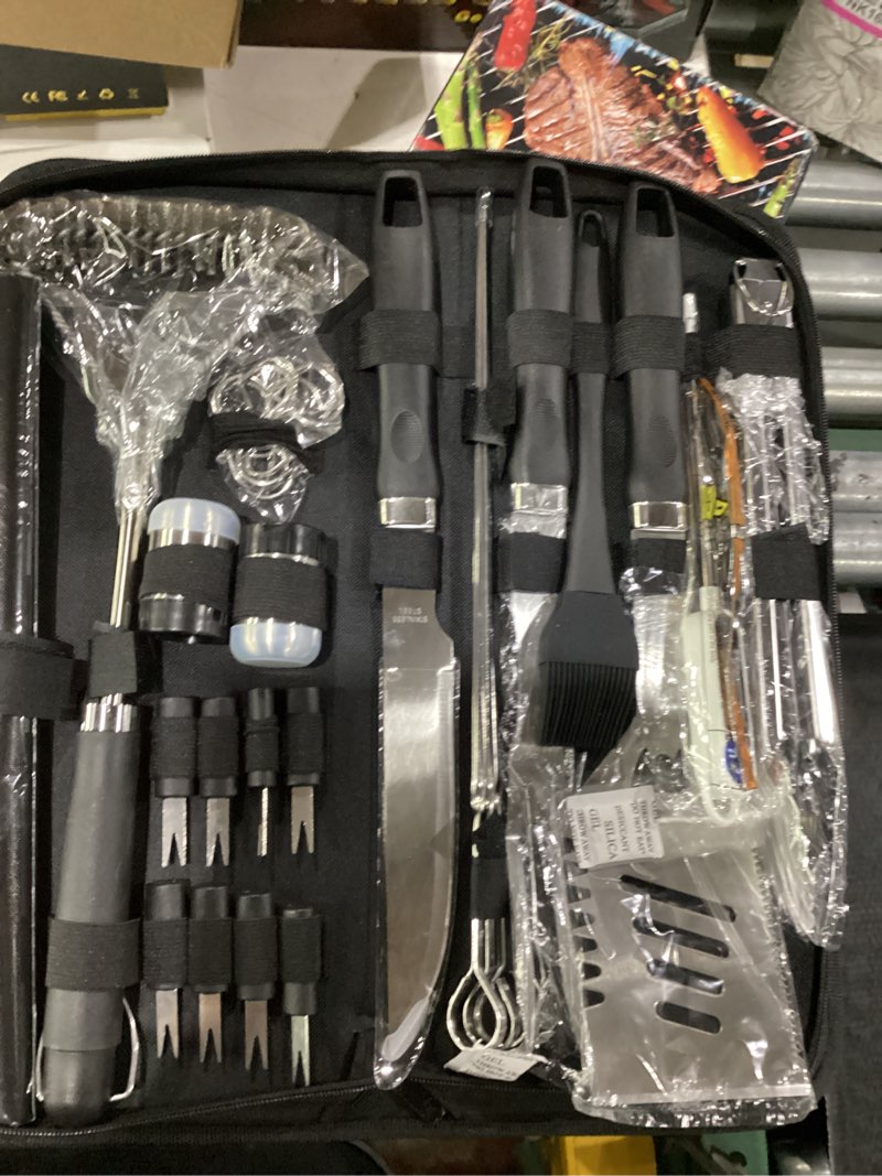 Condition photo showing New/Like New for rinpir 31pcs bbq grill accessories gifts for men dad, heavy duty grilling tools gift set for father's day, stainless steel bbq utensils kit with mats, grill brush in carrying bag black