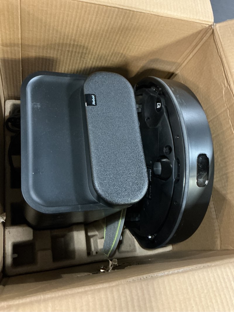 Condition photo showing As Is for irobot roomba 104 2in1 vacuum & mop robot - self-empties for 75 days, intense power-lifting suction, vacuums all floors, ideal for pet hair, lidar smart navigation mapping, mops hard floors roomba 104 combo