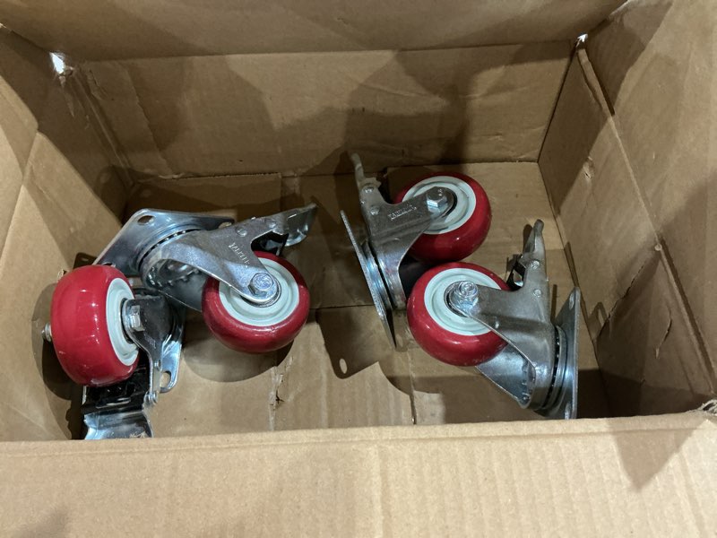 Condition photo showing As Is for similar 4 inch heavy duty swivel caster wheels with brake, set of 4, industrial locking rolling plate casters wheels for furniture, cart, table and workbench, easily load 2200lbs