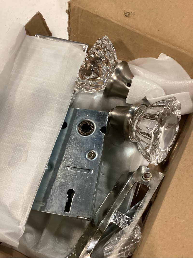 Condition photo showing New/Like New for mortise lock set with crystal glass knob, antique door knobs with lock and skeleton key, fit interior door, brushed nickel finish 1 pack mortise lock brushed nickel