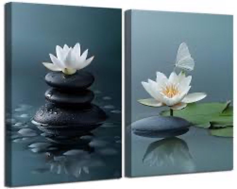 NMT 2Pcs Zen Canvas Wall Art White Lotus and Black Zen Stones Wall Decor Pictures Prints for Yoga Sp