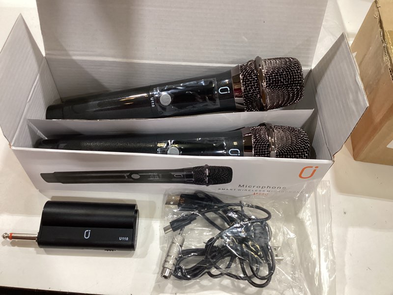 Condition photo showing Good Condition for wireless microphones, two rechargeable bluetooth 5.3 microphones for karaoke singing, rechargeable dynamic mic system with receiver for church, party, meeting, speech, pa system, plug and play (gray)
