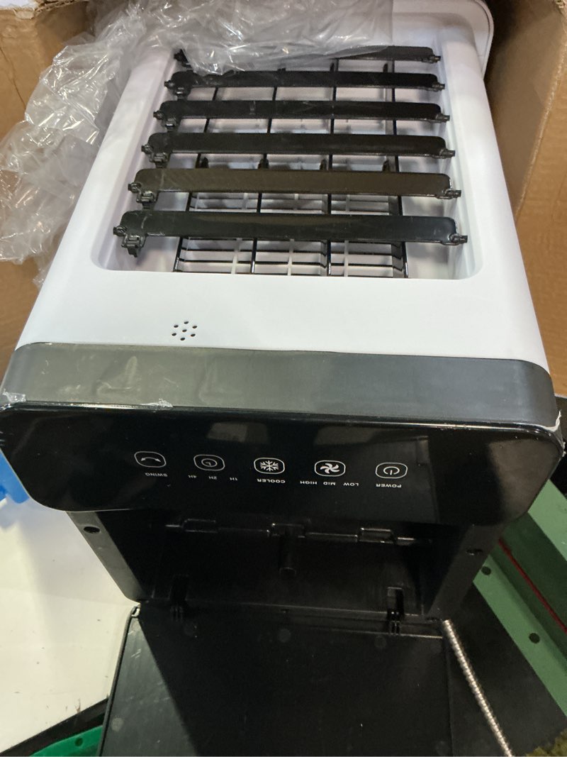 Condition photo showing As Is for portable air conditioners, 3-in-1 evaporative air cooler 2.6 gal water tank, 45 db windowless air conditioner 120° oscillation 4 ice packs