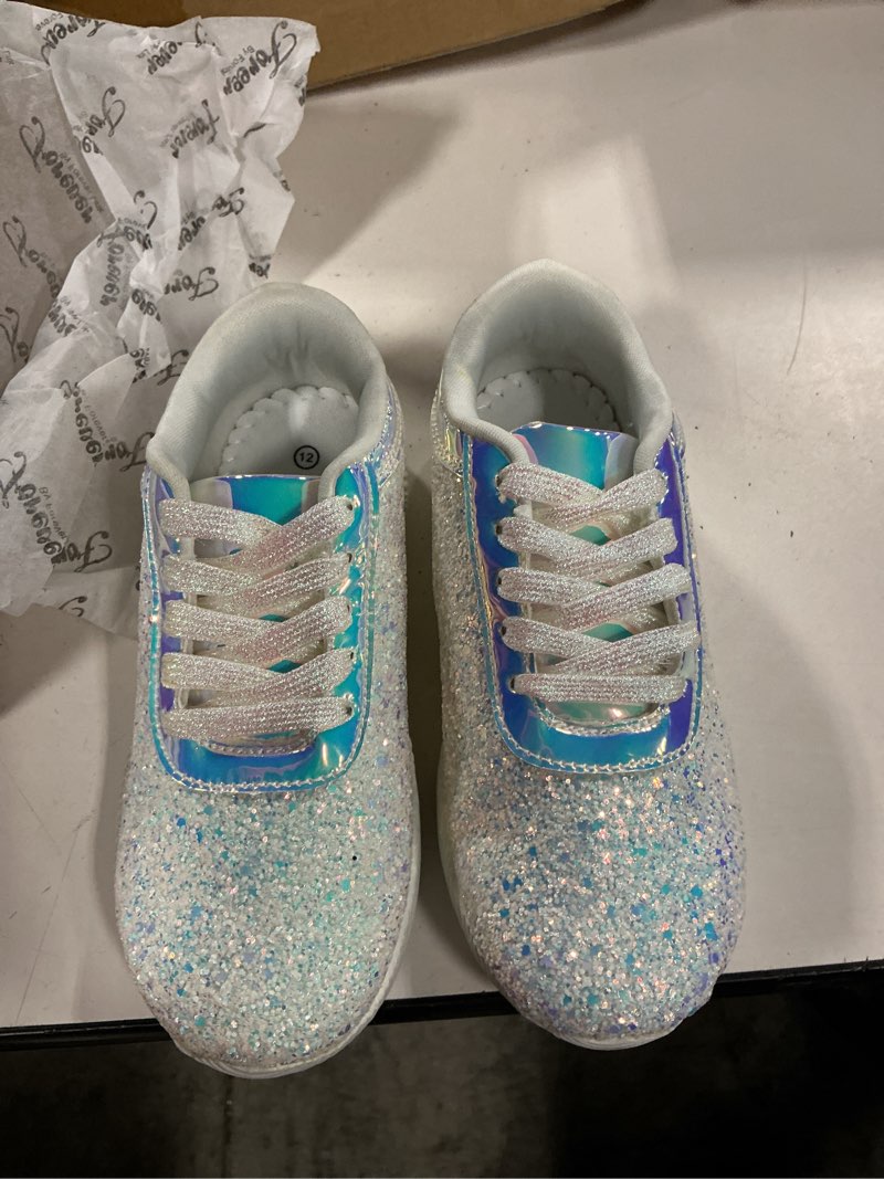 Condition photo showing New/Like New for lucky step women's party sneakers, shiny metal with rhinestone decoration, lightweight for evening occasions white size 12