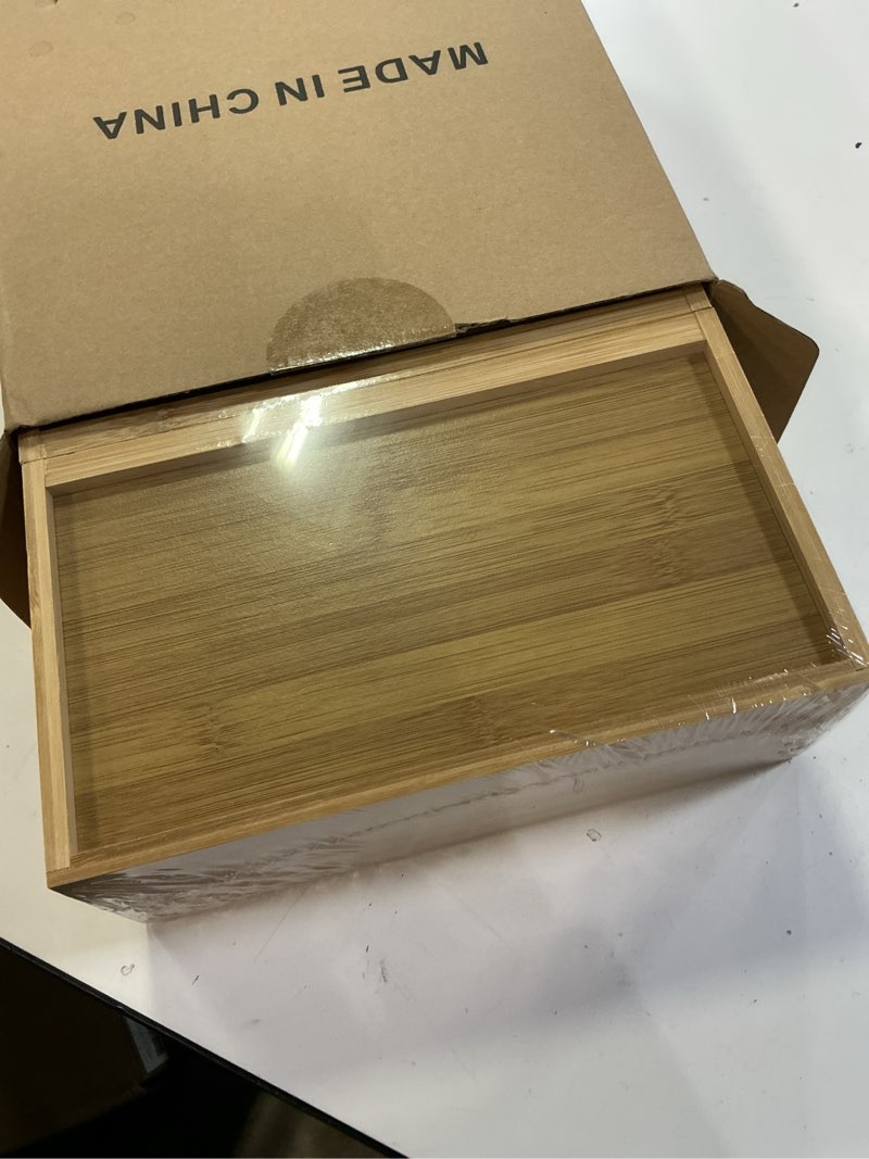 Condition photo showing New/Like New for Retro Shaw Large Expandable Kitchen Lids Organizer for Cabinet, Covers, Pantry, Drawer & Countertop Storage, with 3 Adjustable Dividers, Hand-made Bamboo Food Container