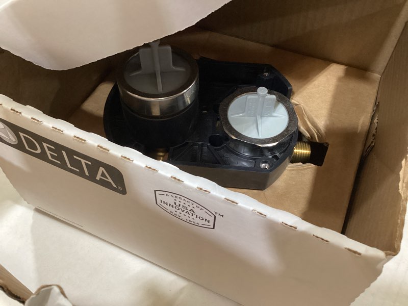 Condition photo showing As Is for delta modern 14 series round rain shower system faucet set, rainfall matte black shower head and handle set, valve trim kit, 10 inch, matte black 342702-bl
