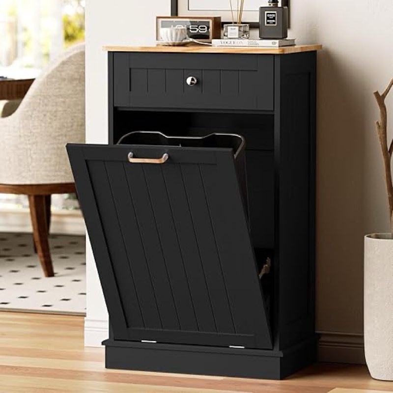 tilt out trash can cabinet 13 gallon, wooden freestanding hidden trash can cabinet with drawer, laundry hamper cabinet with odor control, garbage can holder for kitchen, bathroom,black