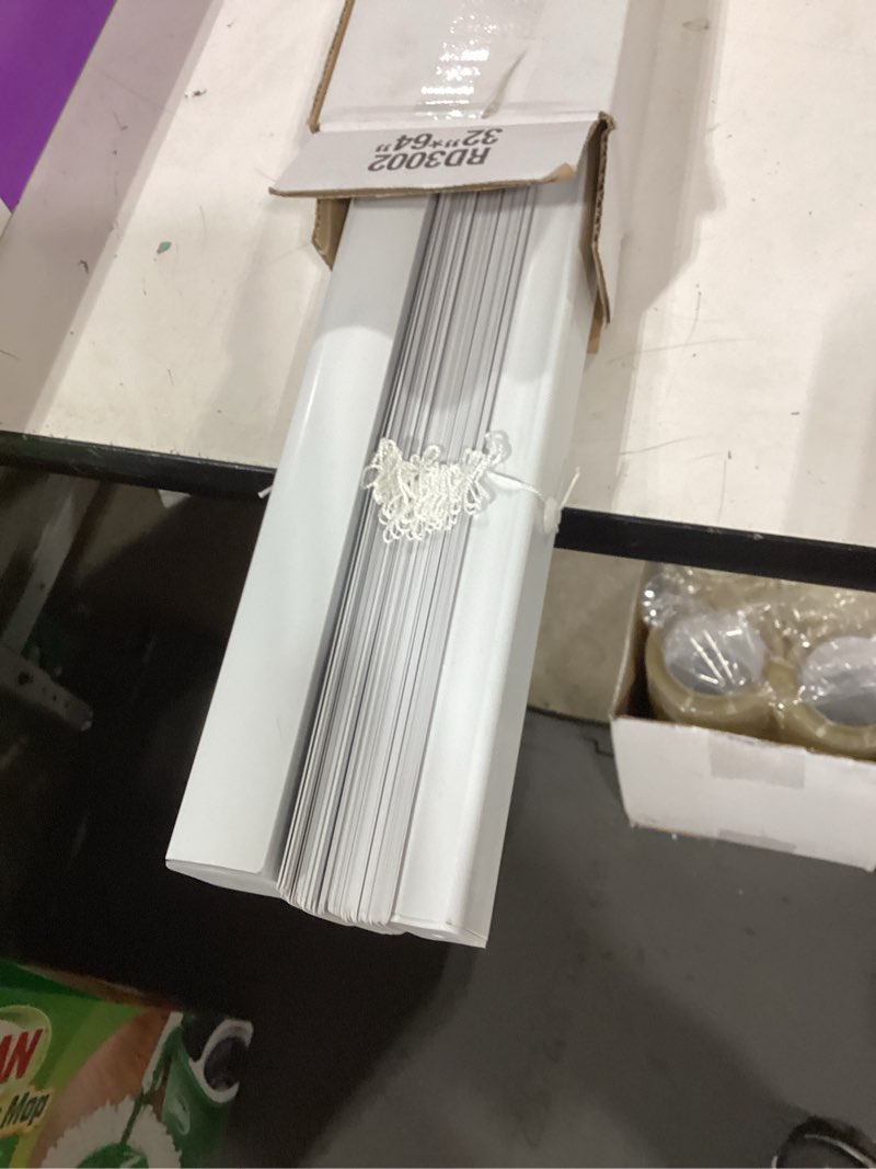Condition photo showing As Is for project source room darkening 1-in slat width 32-in x 64-in cordless white vinyl room darkening mini-blinds